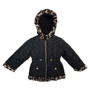 Okie Dokie Girls 4T Coat Black Puffer Jacket Leopard Faux Fur Trim